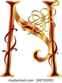 Capital letter "N" of the English alphabet. Vector image of a letter in gold and burgundy color on a white background.