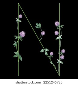 Capital letter N with floral motifs. Decorative font with blooming branches of red clover flower. On black background.