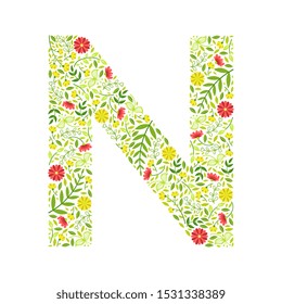 Capital Letter N, Green Floral Alphabet Element, Font Uppercase Letter Made of Leaves and Flowers Pattern Vector Illustration