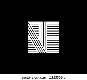 Capital letter N is inscribed in a square. Modern template for monograms, emblems, initials. Made white stripes on black overlapping with shadows.