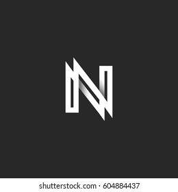 Capital letter N logo monogram. Overlapping thin line with shadows black and white stylish typography design element. Linear NN initials emblem mockup.