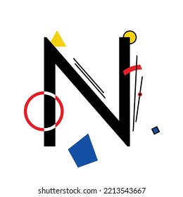 Letra mayúscula "N" compuesta de formas geométricas simples, en estilo suprematismo, inspirada en pinturas de Kazimir Malevich y Wassily Kandinsky