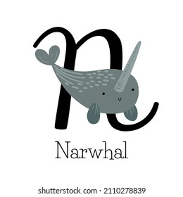 Capital letter N for Narwhal whale, with smiling cute animal, childish alphabet