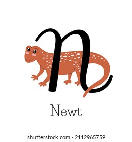 Capital Letter N For Newt, With Cute Shy Animal, Childish Alphabet