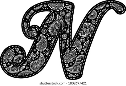 capital letter n with paisley pattern design. Embroidery style in black color. Isolated on white