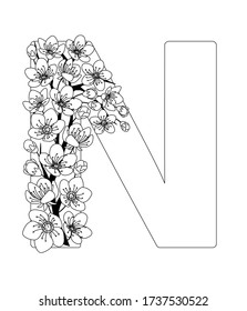 Capital letter N patterned with contour hand drawn doodle blossom cherry. Monochrome page anti stress adult coloring book. Vector illustration floral letters English language alphabet. EPS 10
