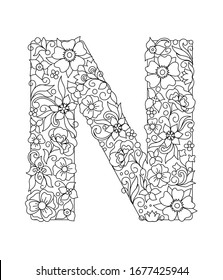 Capital letter N patterned with hand drawn doodle abstract flowers and leaves. Monochrome page anti stress adult coloring book. Vector illustration floral letters English language alphabet. EPS 10
