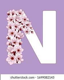 Capital letter N patterned with hand drawn doodle flowers of cherry blossom. Colorful vector illustration font with sakura twigs. Letter of alphabet English language. EPS 10
