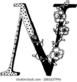 Letra mayúscula N con estampado de doodle y guisantes dibujados a mano. Ilustración vectorial Letra del alfabeto.  EPS 10
