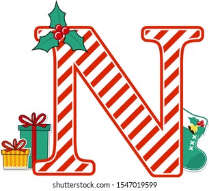 capital letter n with red and white candy cane pattern and christmas design elements isolated on white background. can be used for holiday season card, nursery decoration or christmas paty invitation