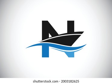 Capital letter N with the ship, cruise, or boat logo design template, Yacht icon sign symbol with ocean waves vector illustration