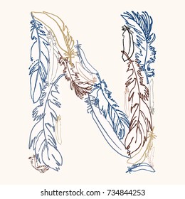 Capital letter N.  Vector hand-drawn monogram made of feathers. Feather alphabet. Perfect for posters, invitation, greeting card, webs graphics, blog, banner, logo