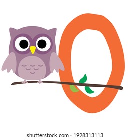 Capital letter O of English alphabet with cute cartoon owl. Funny font for kindergarten and preschool education. Hand-drawn vector illustration on white background