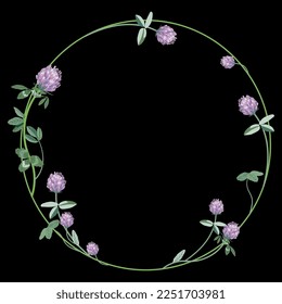 Capital letter O with floral motifs. Decorative font with blooming branches of red clover flower. Numeral zero. Round botanical frame. Circular wreath or border. On black background.