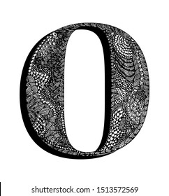 Capital letter O. The original texture of lines, dots and floral ornaments is manually drawn. Vector black and white isolated illustration.