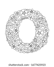 Capital letter O patterned with hand drawn doodle abstract flowers and leaves. Monochrome page anti stress adult coloring book. Vector illustration floral letters English language alphabet. EPS 10
