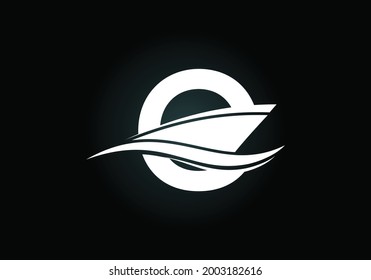 Capital letter O with the ship, cruise, or boat logo design template, Yacht icon sign symbol with ocean waves vector illustration