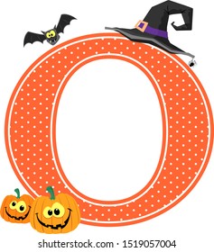 capital letter o with smiling pumpkins and halloween design elements isolated on white background. can be used for halloween season card, nursery decoration or halloween paty invitation