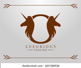 Capital Letter O with a Unicorn. Royal Logo. King Stallion in Jump. Unicon Letter Icon. Stylish Graphic Template Design