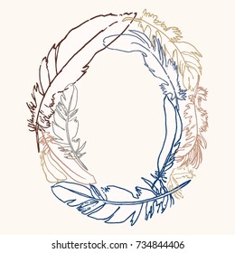 Capital letter O.  Vector hand-drawn monogram made of feathers. Feather alphabet. Perfect for posters, invitation, greeting card, webs graphics, blog, banner, logo