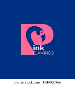 Capital letter P with bird. Pink flamingo. Logo, emblem. Blue background. The inscription can be used for environmental posters, a thematic site with a place for information. 