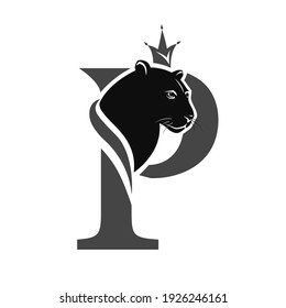 Capital Letter P with Black Panther. Royal Logo. Cougar Head Profile. Stylish Template. Tattoo. Creative Art Design. Emblem  for Brand Name, Sports Club, Printing on Clothing. Vector illustration 