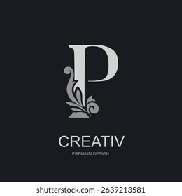 Capital Letter P with floral decorative element. Elegant monogram in silver on dark background. Perfect for logo, branding, boutique label, premium product design. Vector illustration.