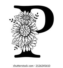 Capital letter P with flowers. Monogram, signature, title, screen caption. Black outline drawing. Vector illustration isolated on white background. Farmhouse family logo. Floral design, name initials.