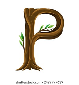 Capital Letter P as Forest Alphabet Symbol Arranged from Tree Trunk and Branches Vector Illustration