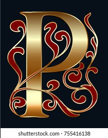 Capital letter P. Large letter. illuminated letter. Gold letter with floral ornament. Easy to use to create your design.