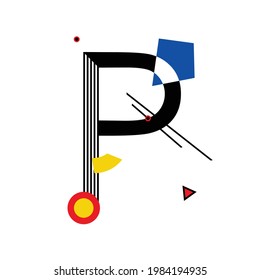 Letra mayúscula "P" compuesta por formas geométricas simples, en estilo Suprematismo, inspirada en pinturas de Kazimir Malevich y Wassily Kandinsky