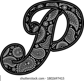 capital letter p with paisley pattern design. Embroidery style in black color. Isolated on white