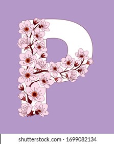 Letra mayúscula P con estampado de doodle dibujado a mano con flores de cerezo en flor. Fuente de ilustraciones vectoriales coloridas con ramitas sakura. Letra inglesa con alfabeto. EPS 10
