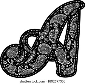 capital letter a with paisley pattern design. Embroidery style in black color. Isolated on white