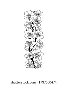 Capital letter I patterned with contour hand drawn doodle blossom cherry. Monochrome page anti stress adult coloring book. Vector illustration floral letters English language alphabet. EPS 10
