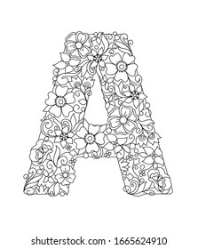 Capital letter A patterned with hand drawn doodle abstract flowers and leaves. Monochrome page anti stress adult coloring book. Vector illustration floral letters English language alphabet. EPS 10
