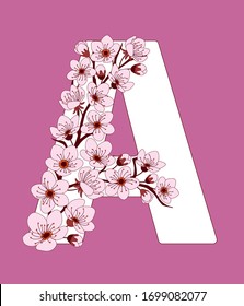 Letra mayúscula Con estampado en las flores de doodle dibujadas a mano de flores de cerezo. Fuente de ilustraciones vectoriales coloridas con ramitas sakura. Letra inglesa con alfabeto. EPS 10
