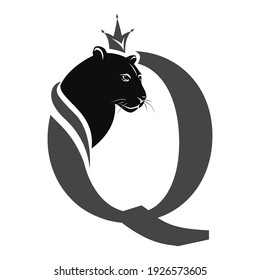 Capital Letter Q with Black Panther. Royal Logo. Cougar Head Profile. Stylish Template. Tattoo. Creative Art Design. Emblem  for Brand Name, Sports Club, Printing on Clothing. Vector illustration 