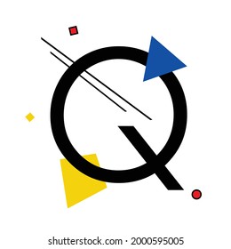 Letra mayúscula "Q" compuesta por formas geométricas simples, en estilo Suprematismo, inspirada en pinturas de Kazimir Malevich y Wassily Kandinsky