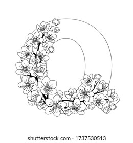 Capital letter Q patterned with contour hand drawn doodle blossom cherry. Monochrome page anti stress adult coloring book. Vector illustration floral letters English language alphabet. EPS 10
