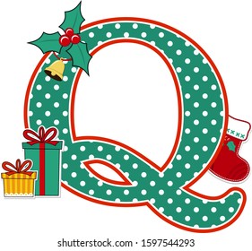 capital letter q with polka dots pattern and christmas design elements isolated on white background. can be used for holiday season card, nursery decoration or christmas celebration invitation