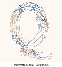 Capital letter Q.  Vector hand-drawn monogram made of feathers. Feather alphabet. Perfect for posters, invitation, greeting card, webs graphics, blog, banner, logo