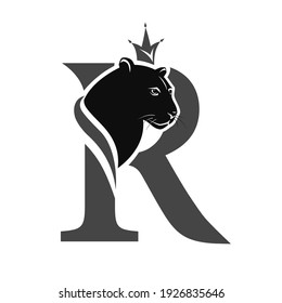 Capital Letter R with Black Panther. Royal Logo. Cougar Head Profile. Stylish Template. Tattoo. Creative Art Design. Emblem  for Brand Name, Sports Club, Printing on Clothing. Vector illustration 