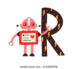 Capital letter R of childish English alphabet with robot. Kids font with cute character for kindergarten and preschool education. Hand-drawn flat vector illustration isolated on white background.