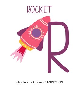 Capital letter R of English childish alphabet with rocket. Cute kids font for kindergarten and school education. 