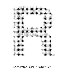 The capital letter R is evenly filled with black dots of different sizes. Some dots with shadow. Vector illustration on white background