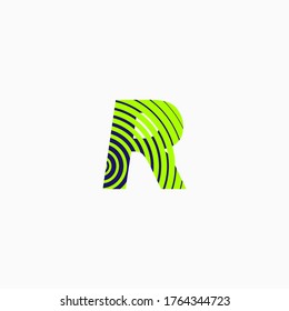 Capital letter R in green and blue color in curved lines, editable vector