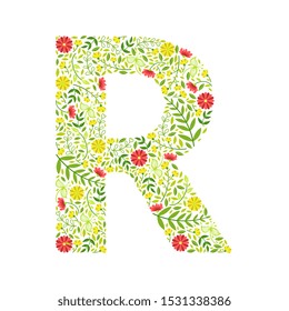 Capital Letter R, Green Floral Alphabet Element, Font Uppercase Letter Made of Leaves and Flowers Pattern Vector Illustration
