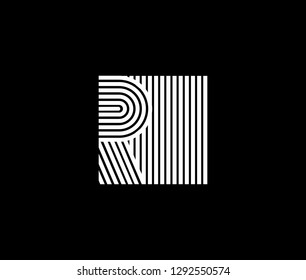 Capital letter R is inscribed in a square. Modern template for monograms, emblems, initials. Made white stripes on black overlapping with shadows.