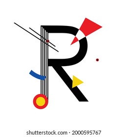 Letra mayúscula "R" compuesta por formas geométricas simples, en estilo suprematismo, inspirada en pinturas de Kazimir Malevich y Wassily Kandinsky